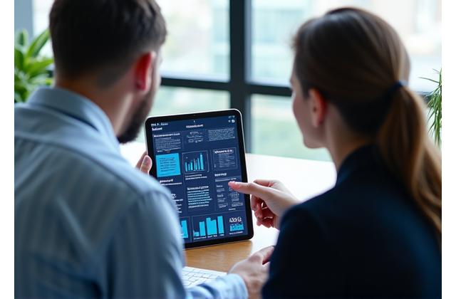 Two professionals discussing a nutritional report on a tablet