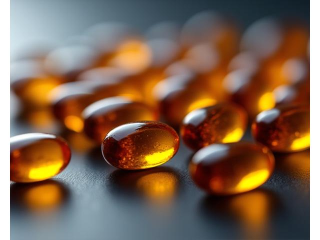 Close-up of omega-3 supplement capsules on a dark surface