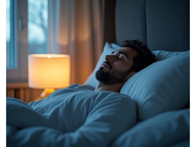 Peaceful bedroom scene with a man sleeping, emphasizing restful sleep